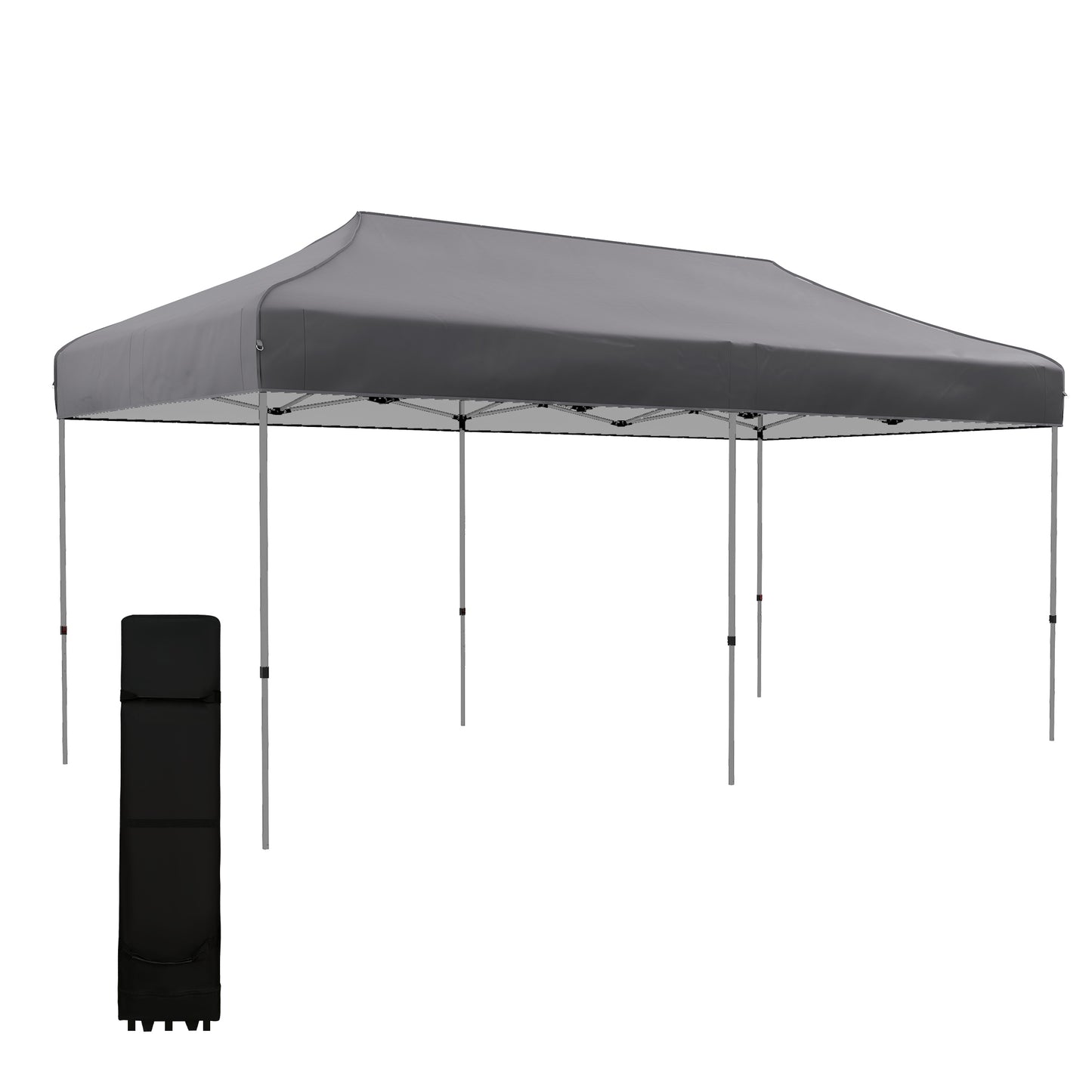 Gray popup canopy tent with steel frame and black carrying bag