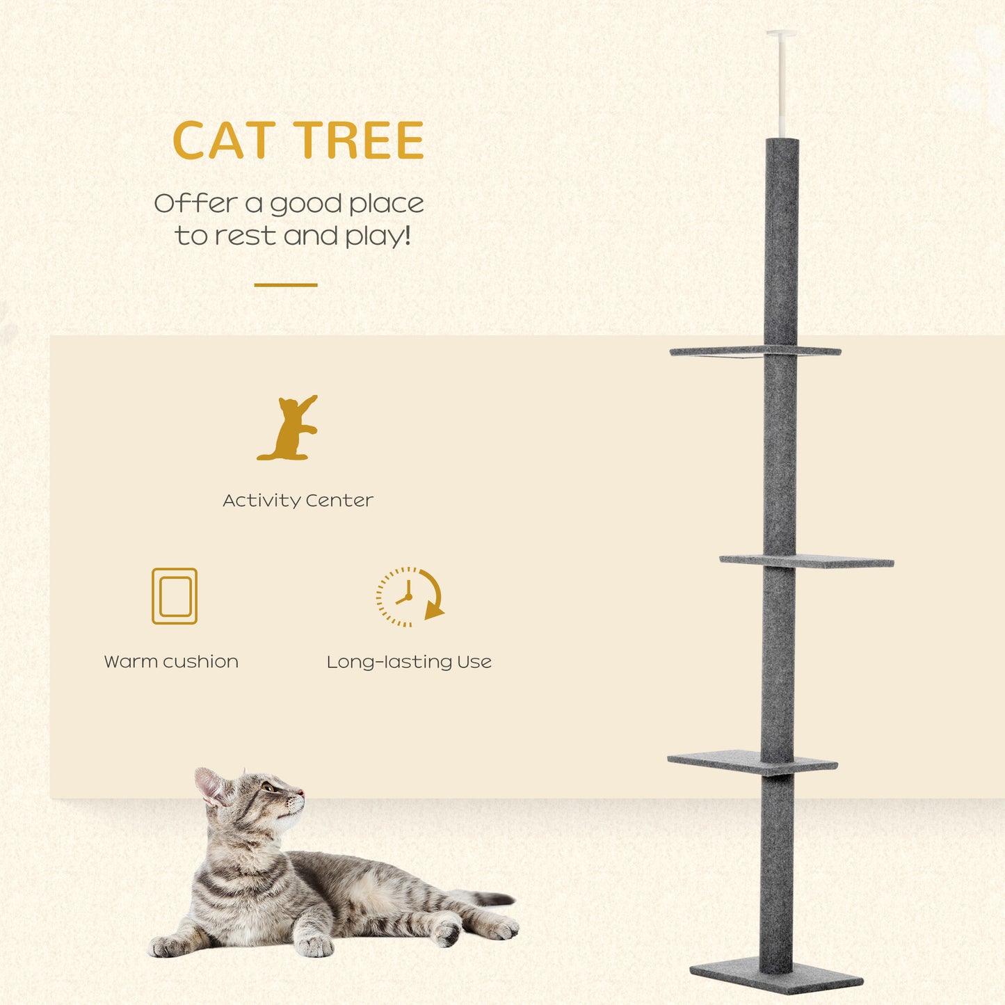 Tall grey cat tree with multiple levels for climbing and resting offering an activity center