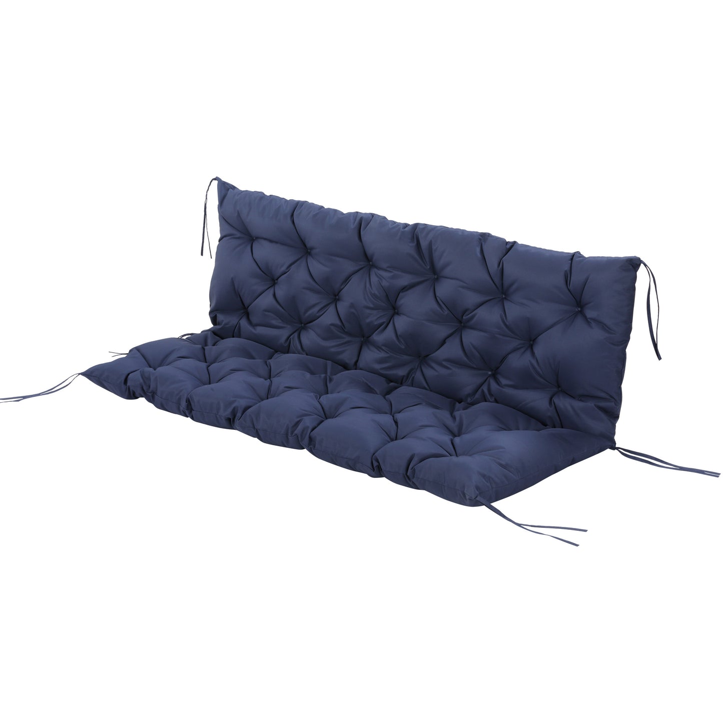 Dark blue tufted bench cushion with ties for outdoor seating comfort