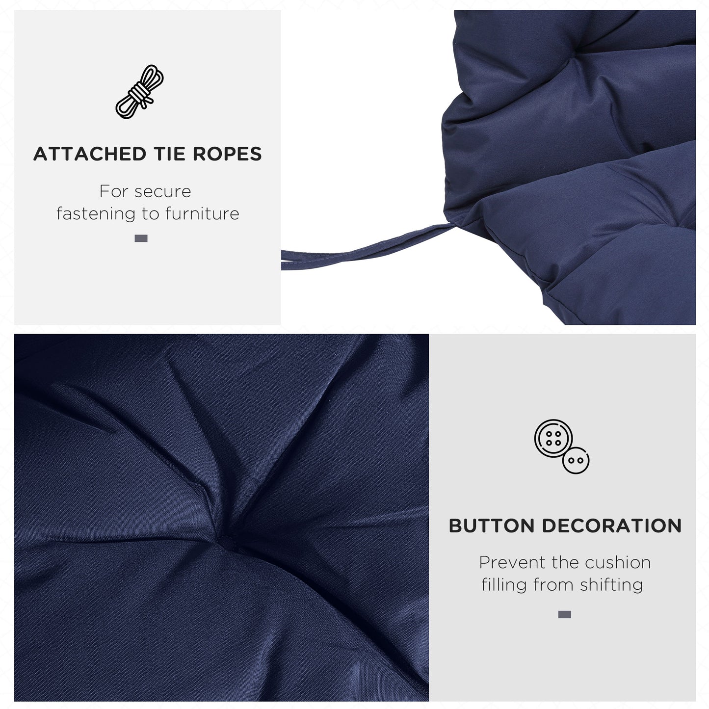 Navy blue tufted cushion with attached tie ropes for secure furniture fastening