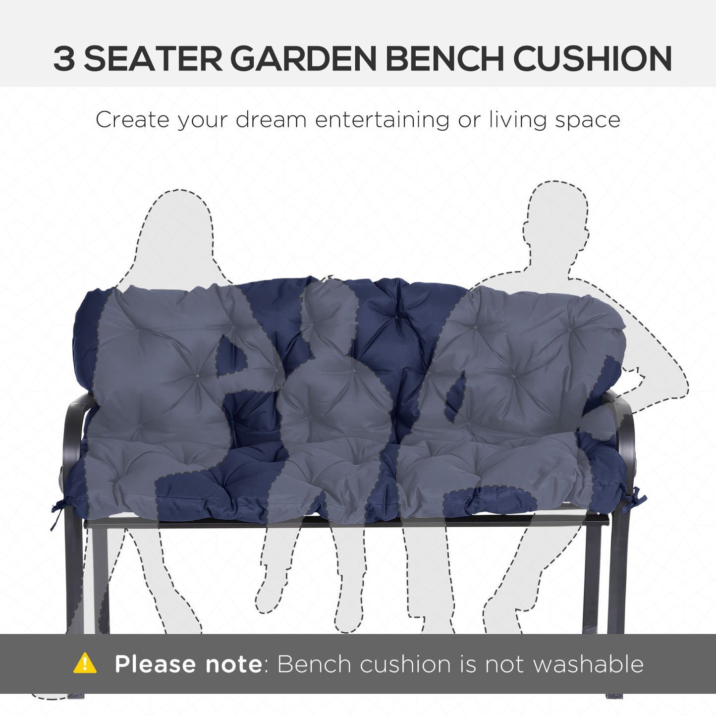 Navy blue tufted seater garden bench cushion with tie straps for outdoor use