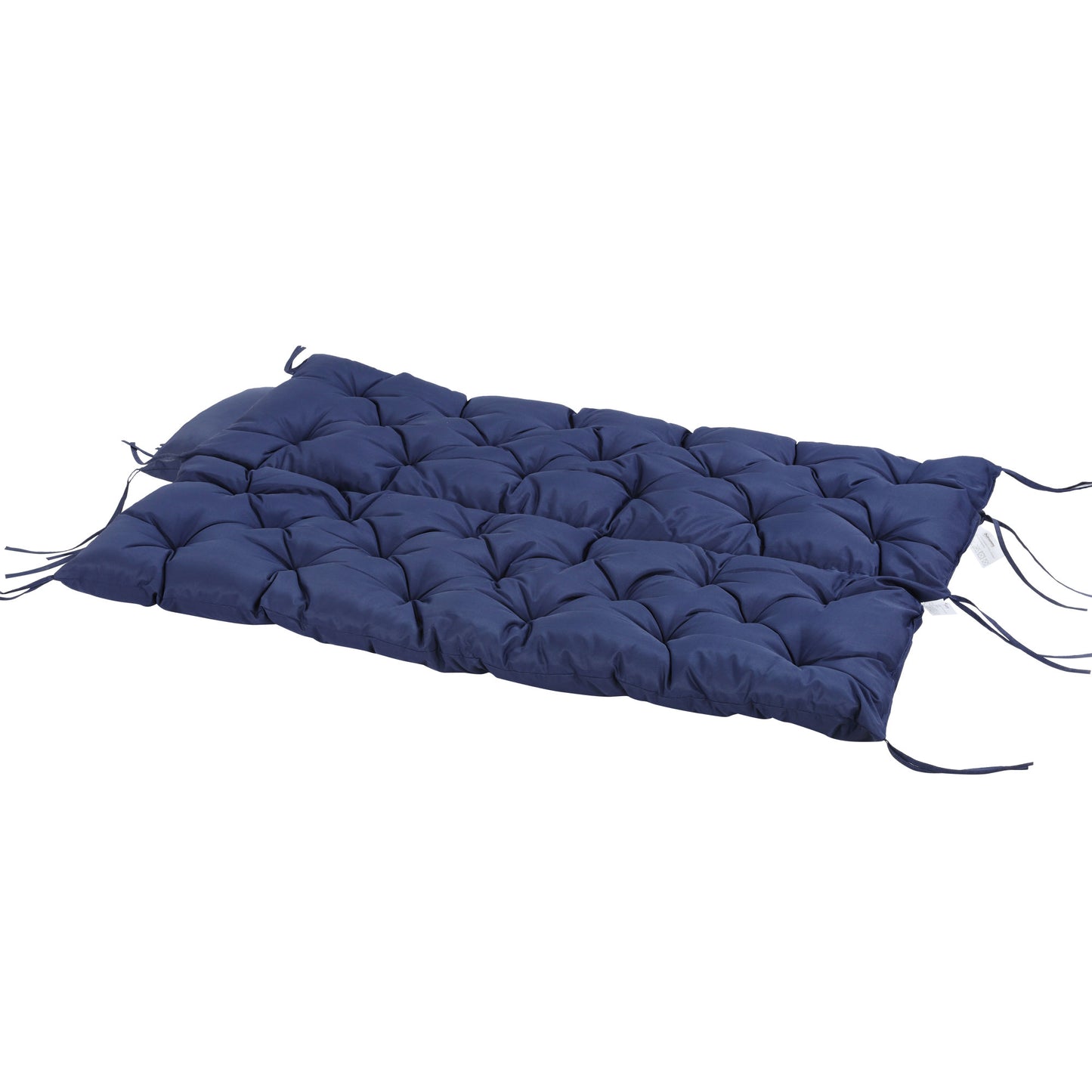 Navy blue tufted bench cushion with ties for outdoor seating comfort