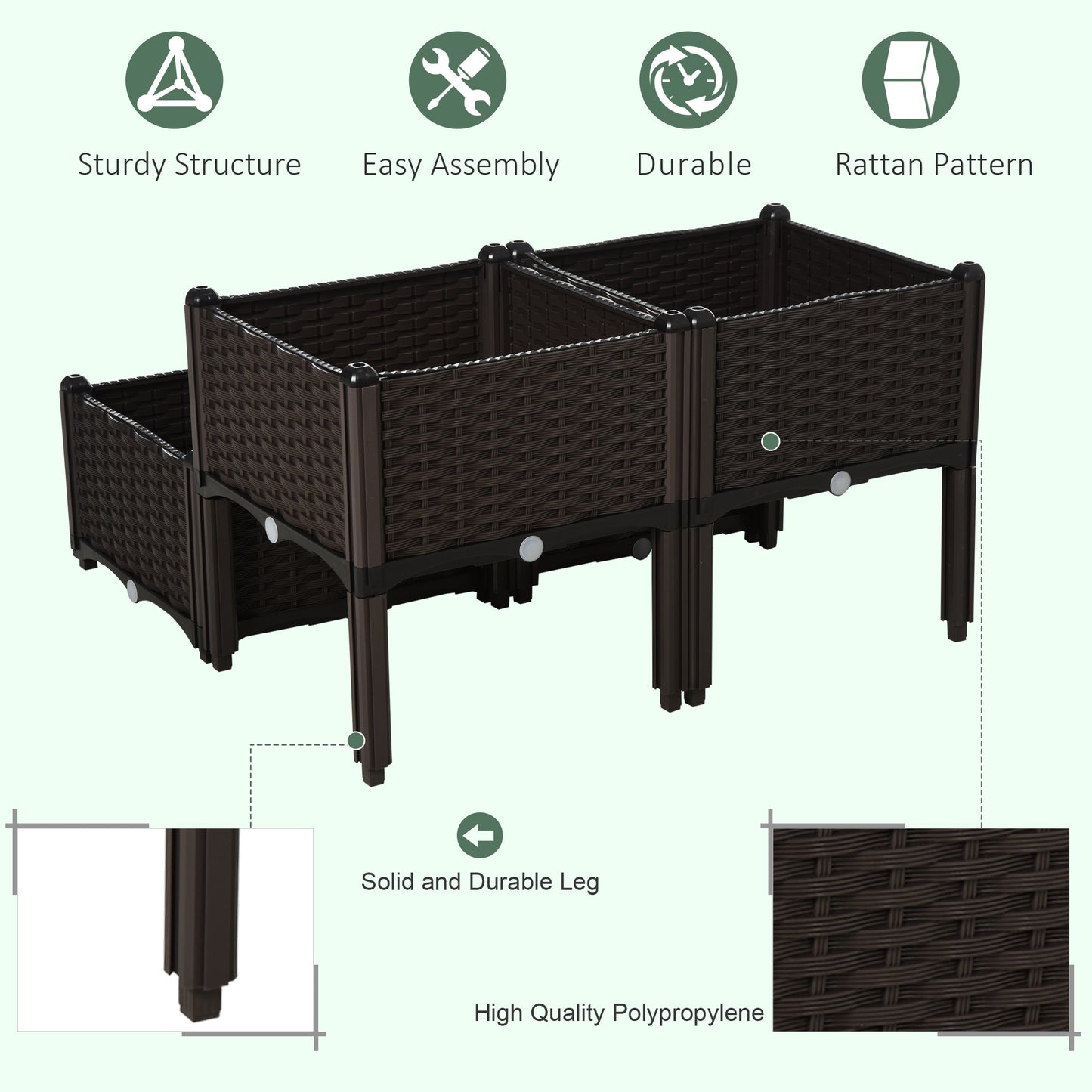 Modular raised garden bed with brown rattan pattern and sturdy legs