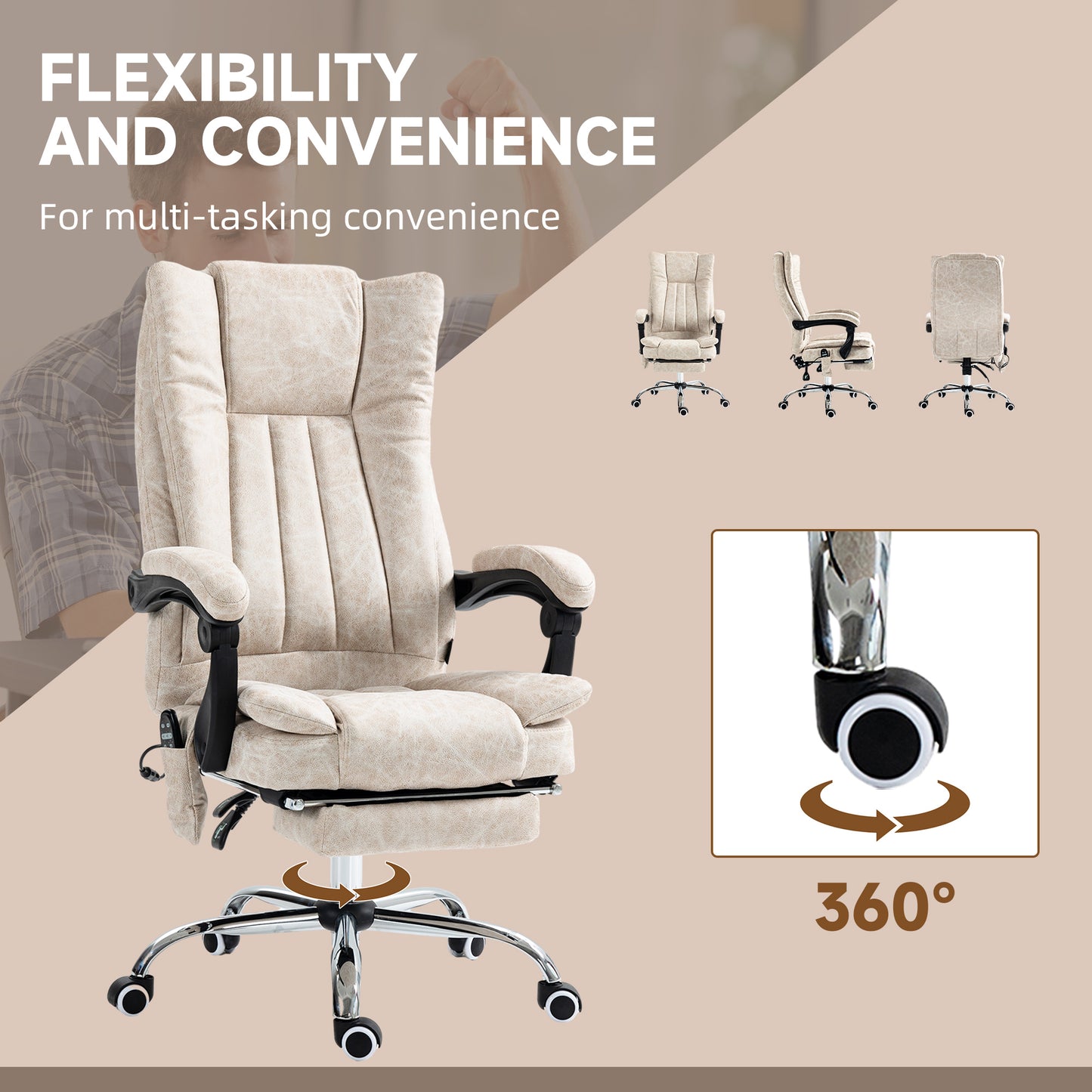 Beige executive office chair with padded arms and a reclining footrest ideal for home offices