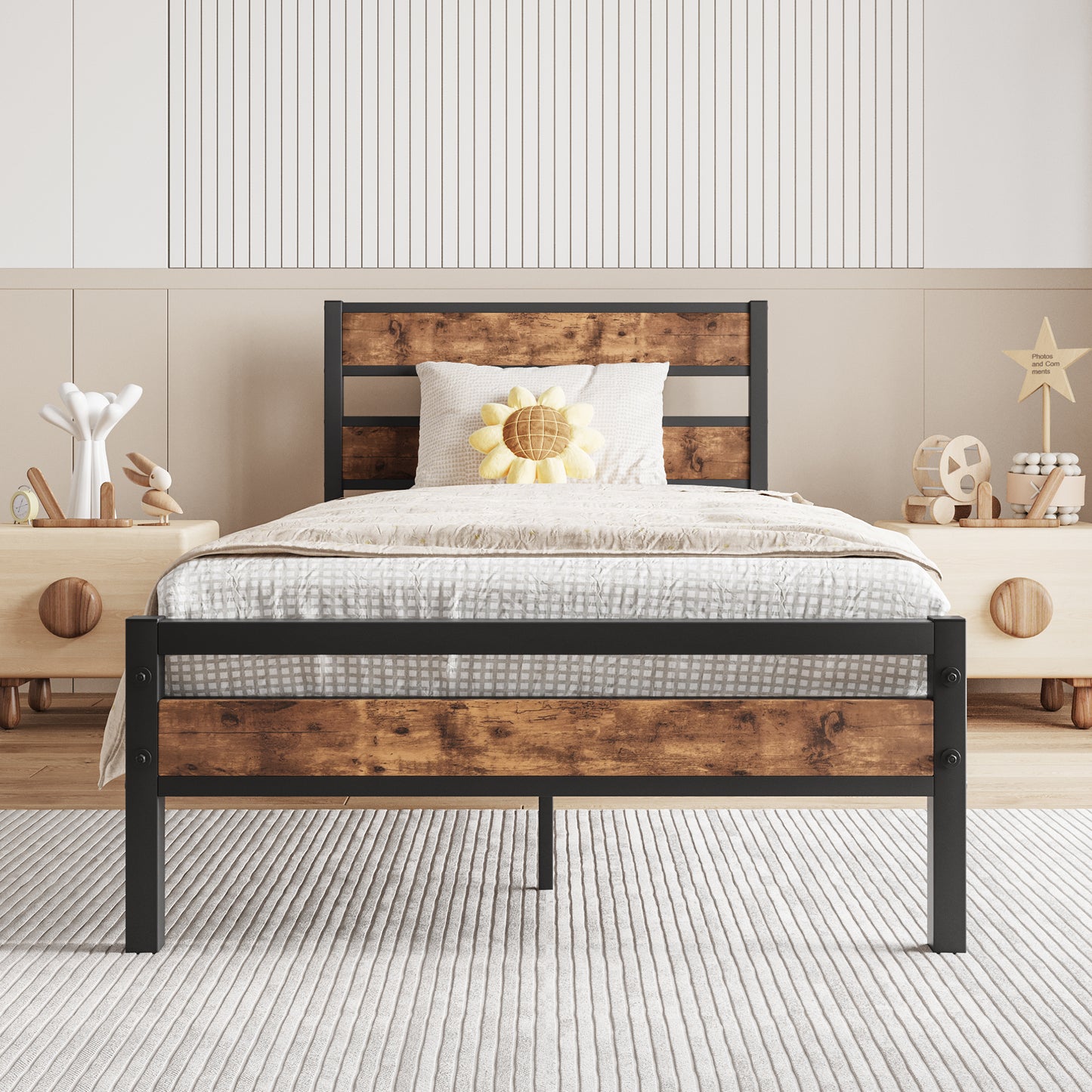 Rustic wood and metal twin bed frame with horizontal headboard planks