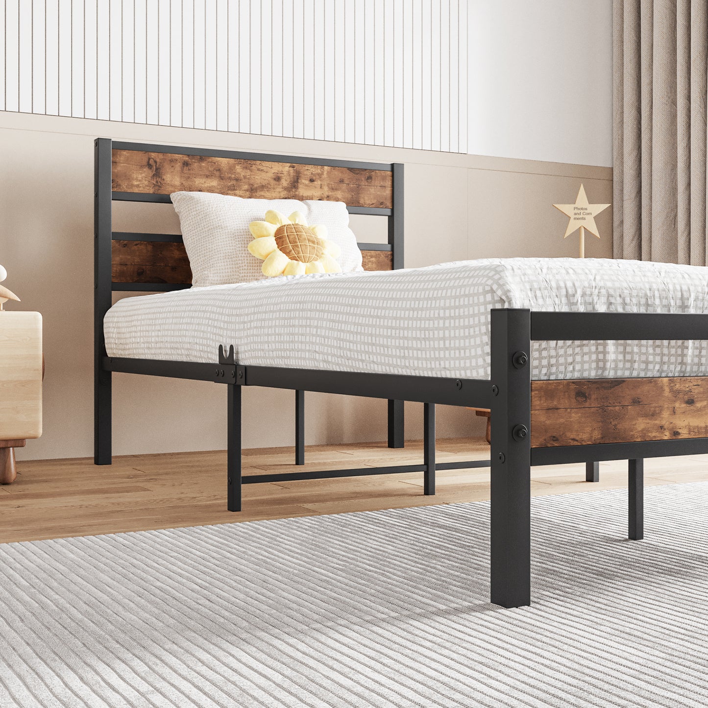 Industrial style twin bed frame with rustic wood headboard