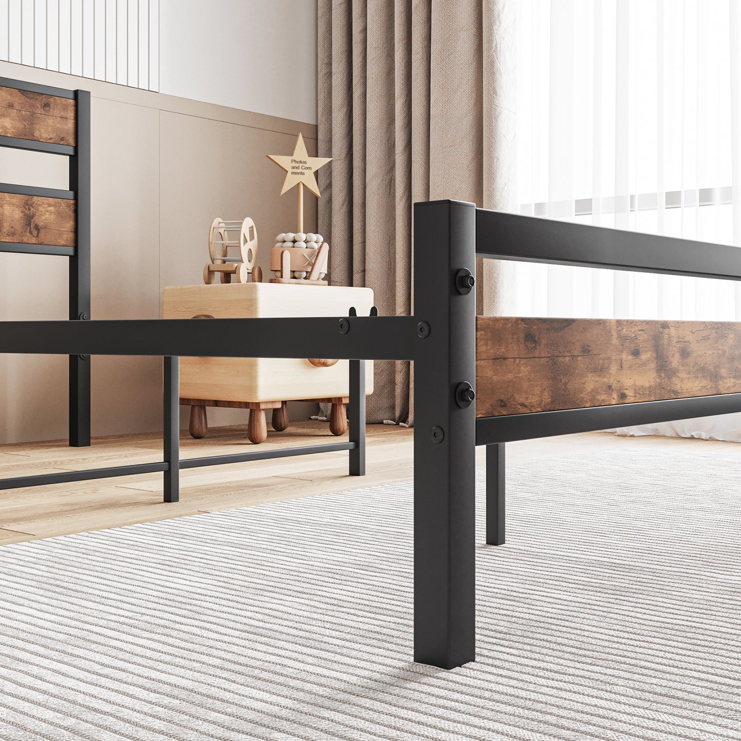 Industrial black metal bed frame with rustic wood accents