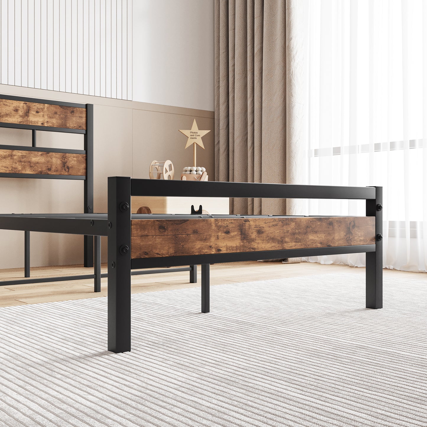 Industrial metal and wood twin bed frame with slatted headboard and footboard