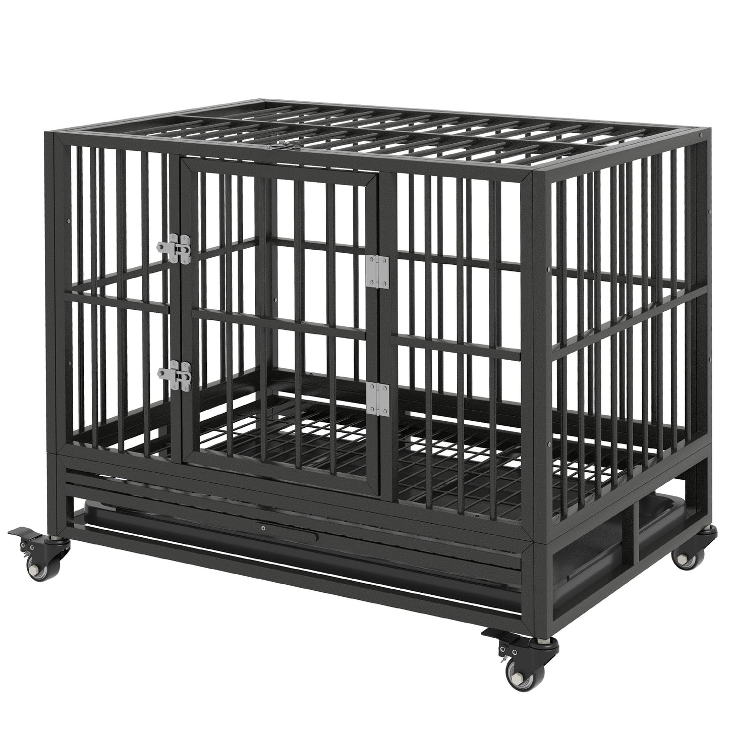 Heavy duty black metal dog crate with two doors and secure latches ideal for large breeds
