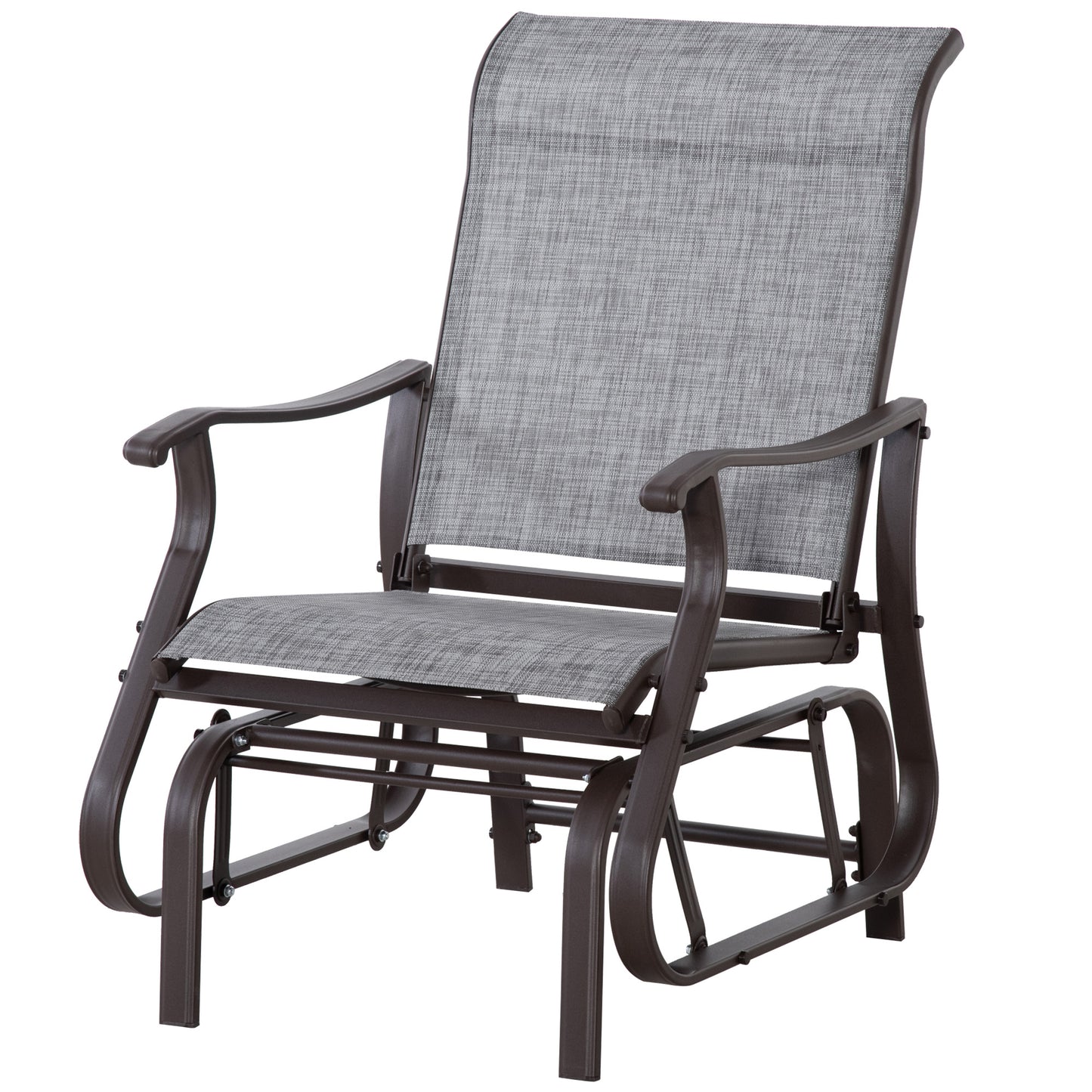 Gray fabric patio glider chair with dark brown metal frame comfortable outdoor seating