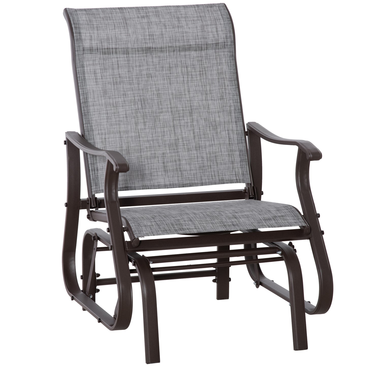 Gray fabric patio glider chair with brown metal frame and armrests