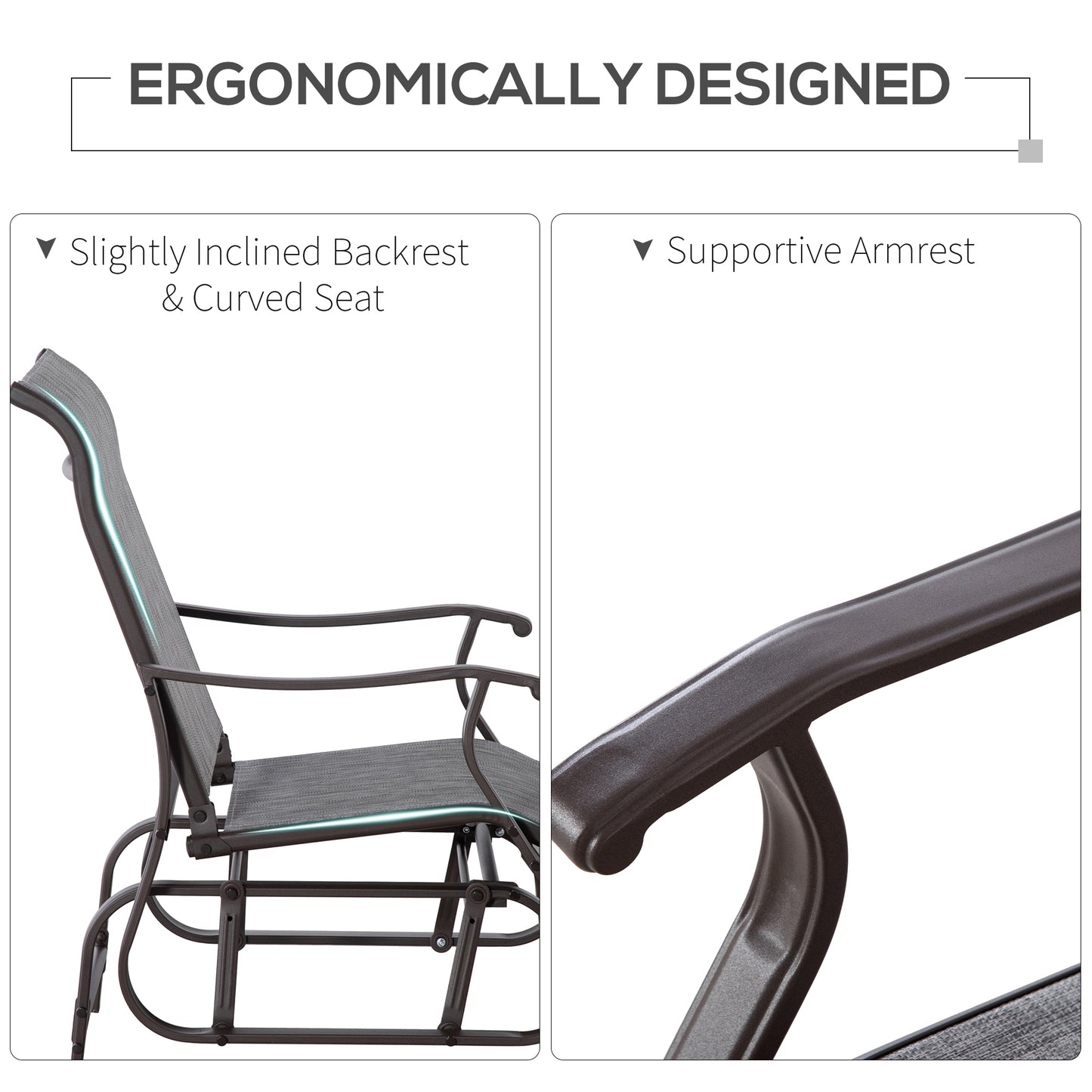 Dark brown metal glider chair with gray fabric seat and back