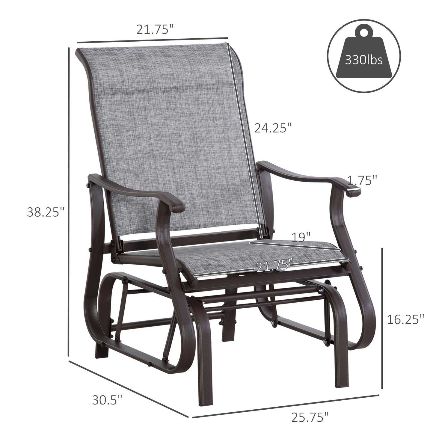Gray fabric patio glider chair with dark bronze metal frame and curved legs