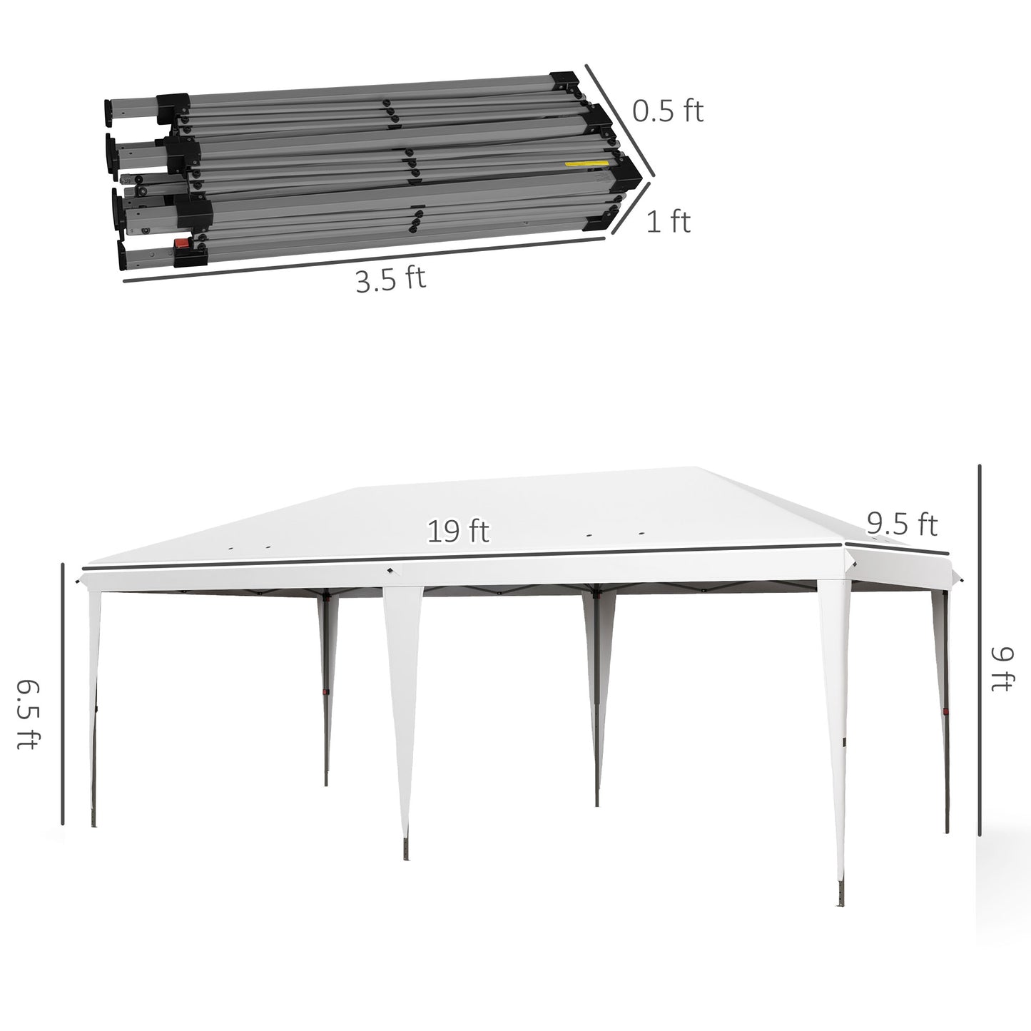 White ft canopy tent folded for storage showing dimensions of ft x ft x ft