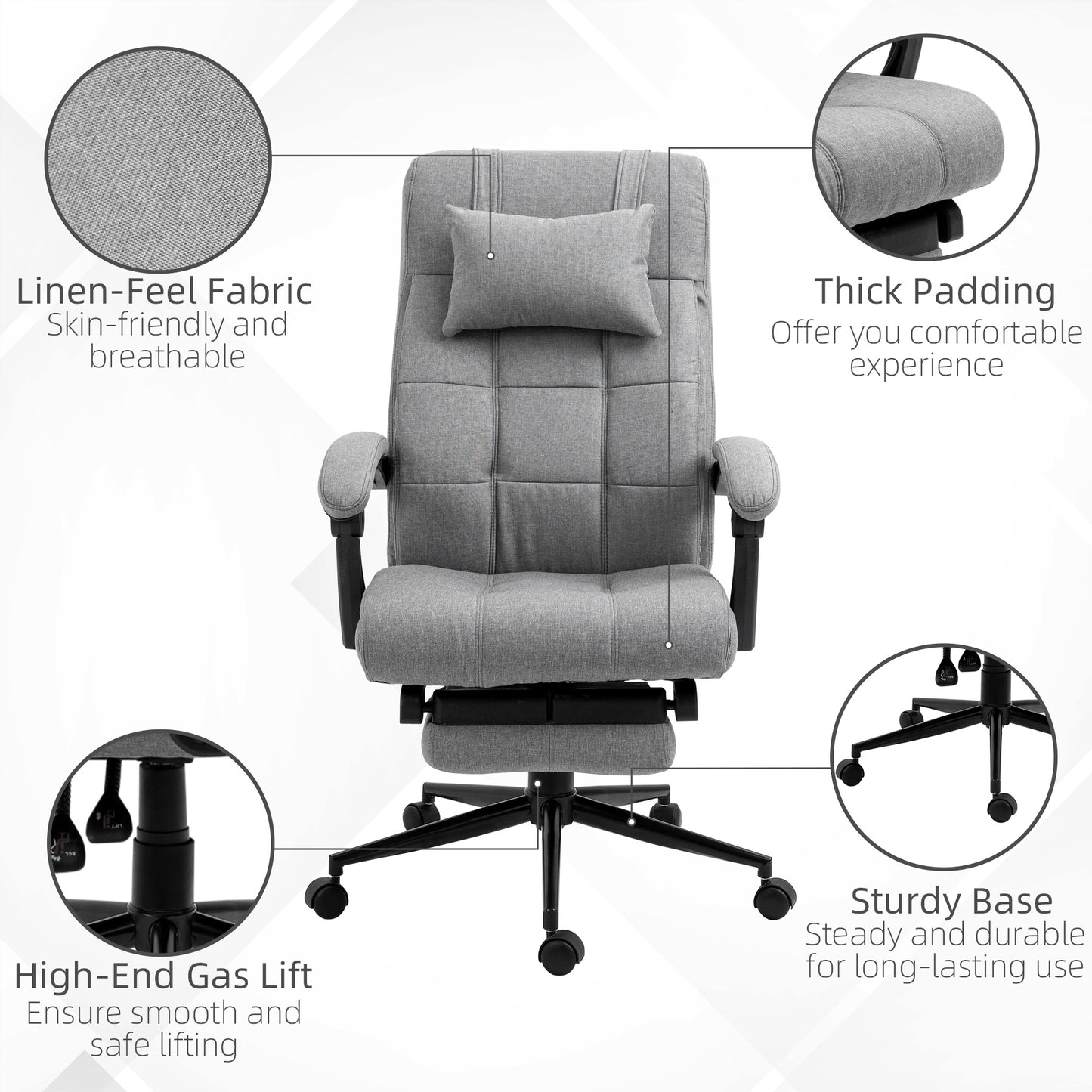 Grey linenfeel fabric office chair with thick padding and lumbar support