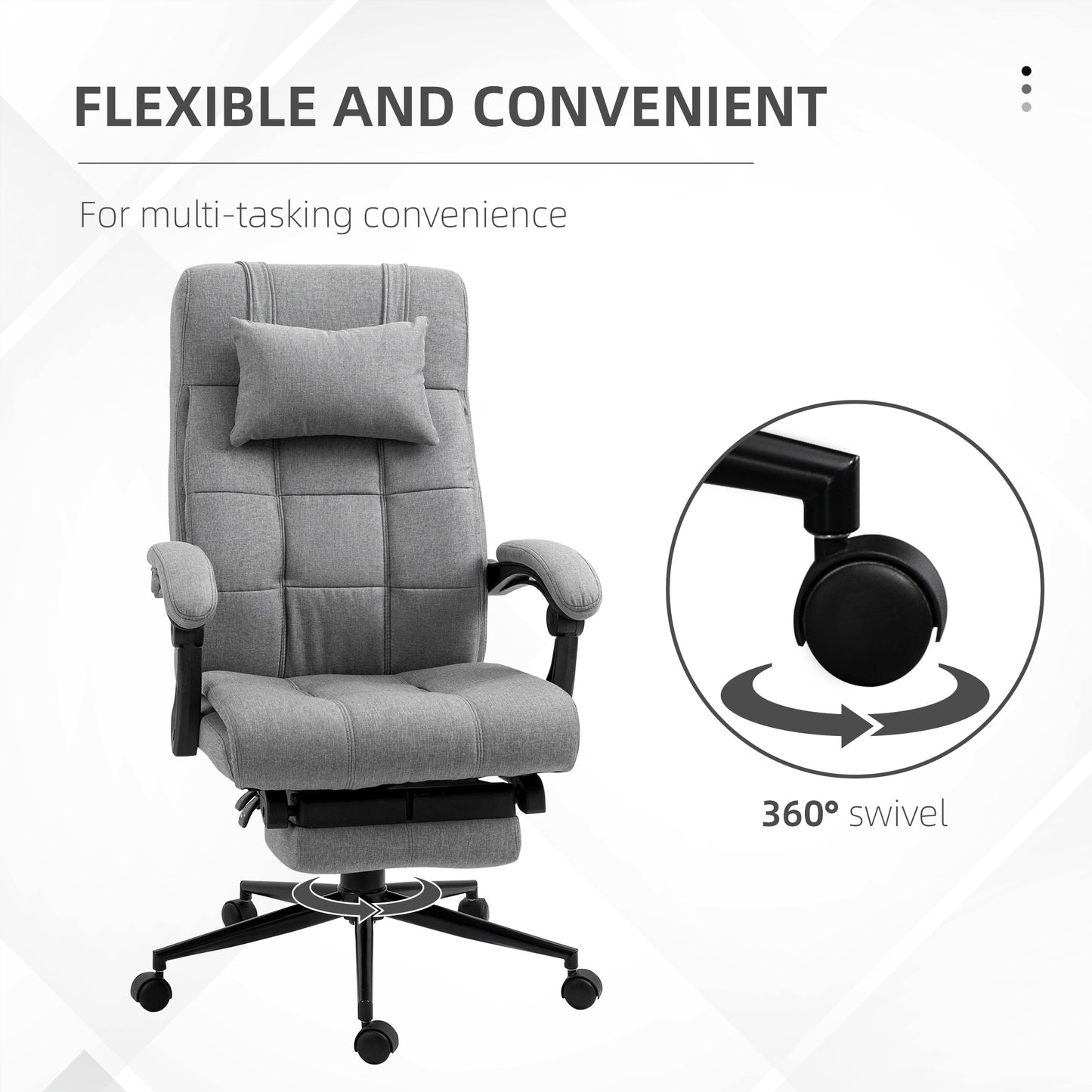 Grey fabric office chair with padded seat arms and headrest featuring a retractable footrest and swivel base