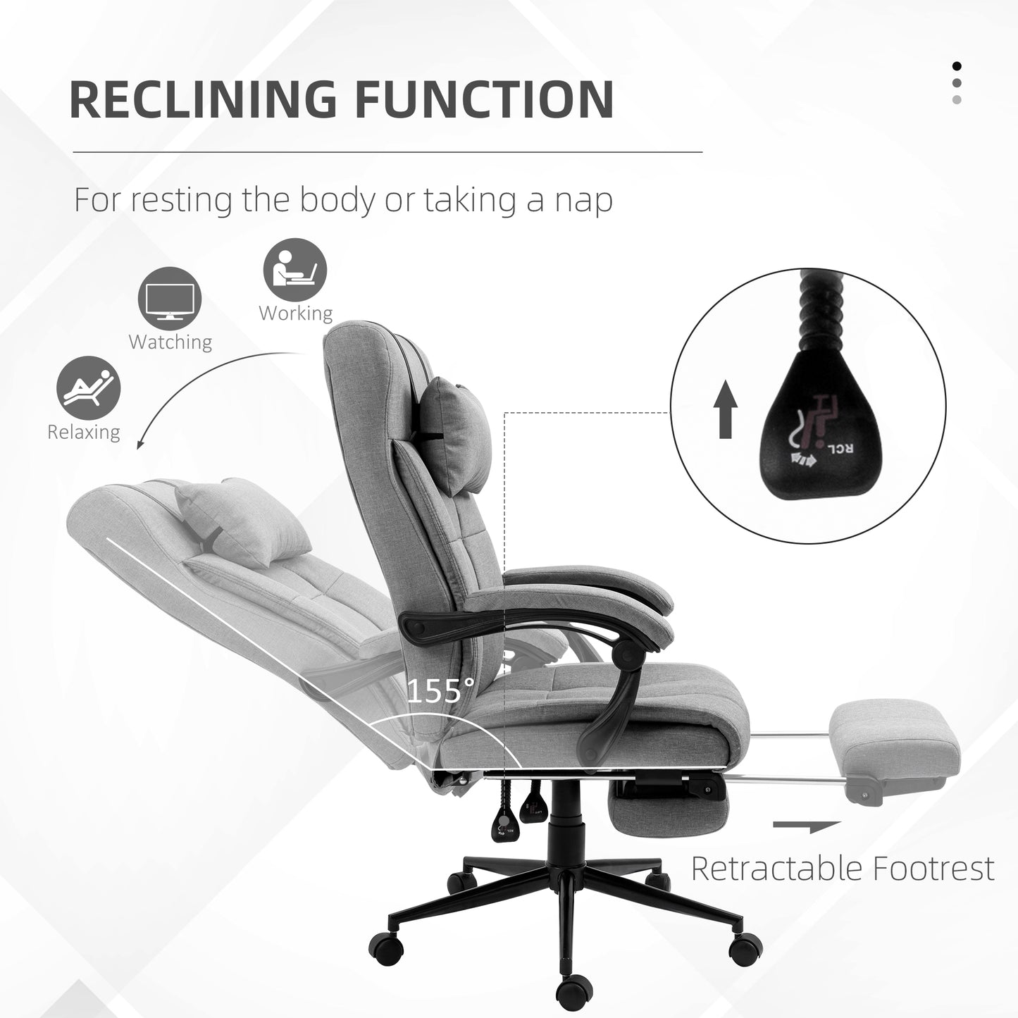 Gray fabric ergonomic office chair with reclining function and retractable footrest for comfort
