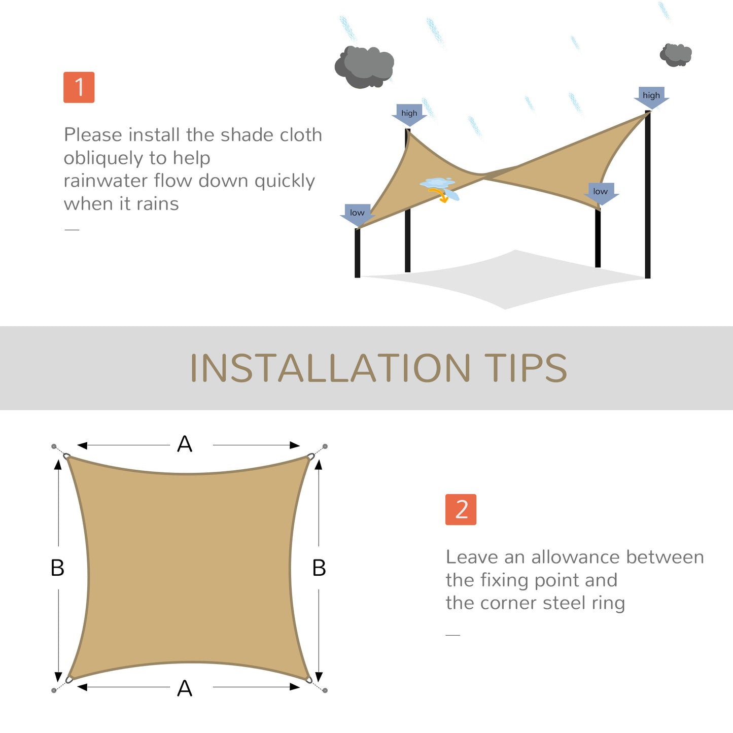 Illustration of a beige shade sail installed obliquely for rain runoff