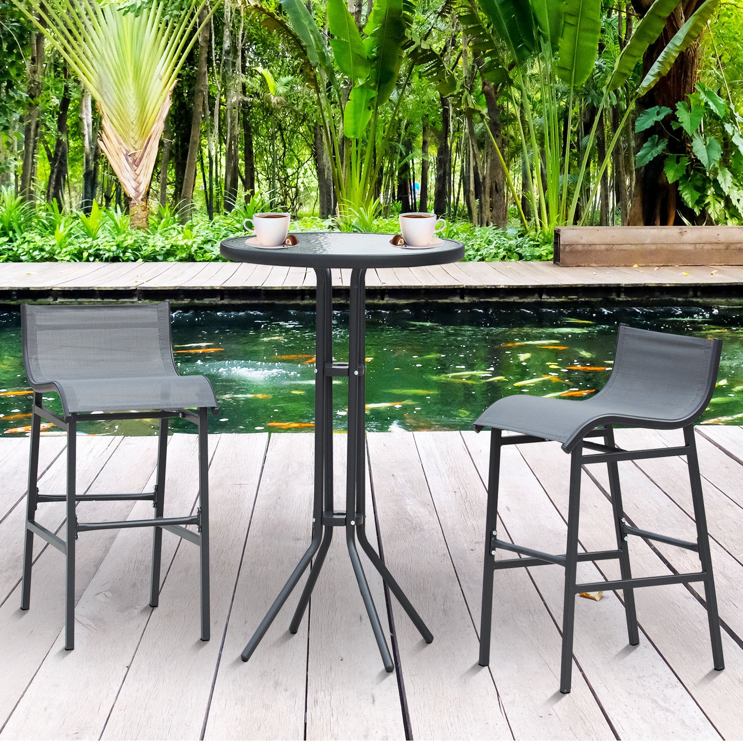 Outdoor bistro set with two grey mesh bar stools and a round glasstop table with metal frame
