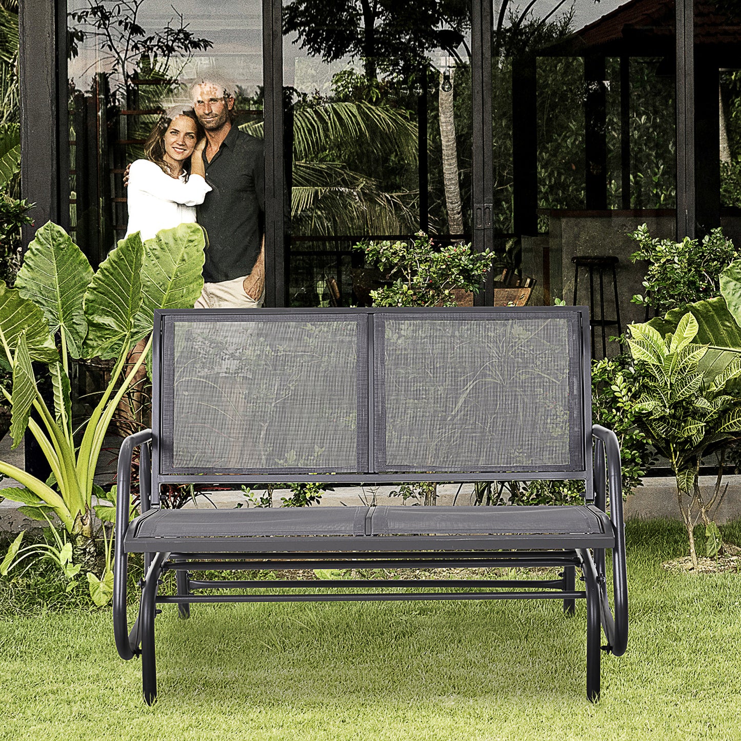 Modern charcoal grey metal patio glider bench with mesh back and comfortable seat