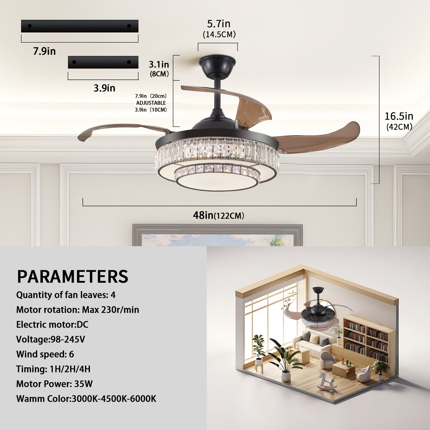 Black retractable ceiling fan with crystal accents and brown blades inch diameter