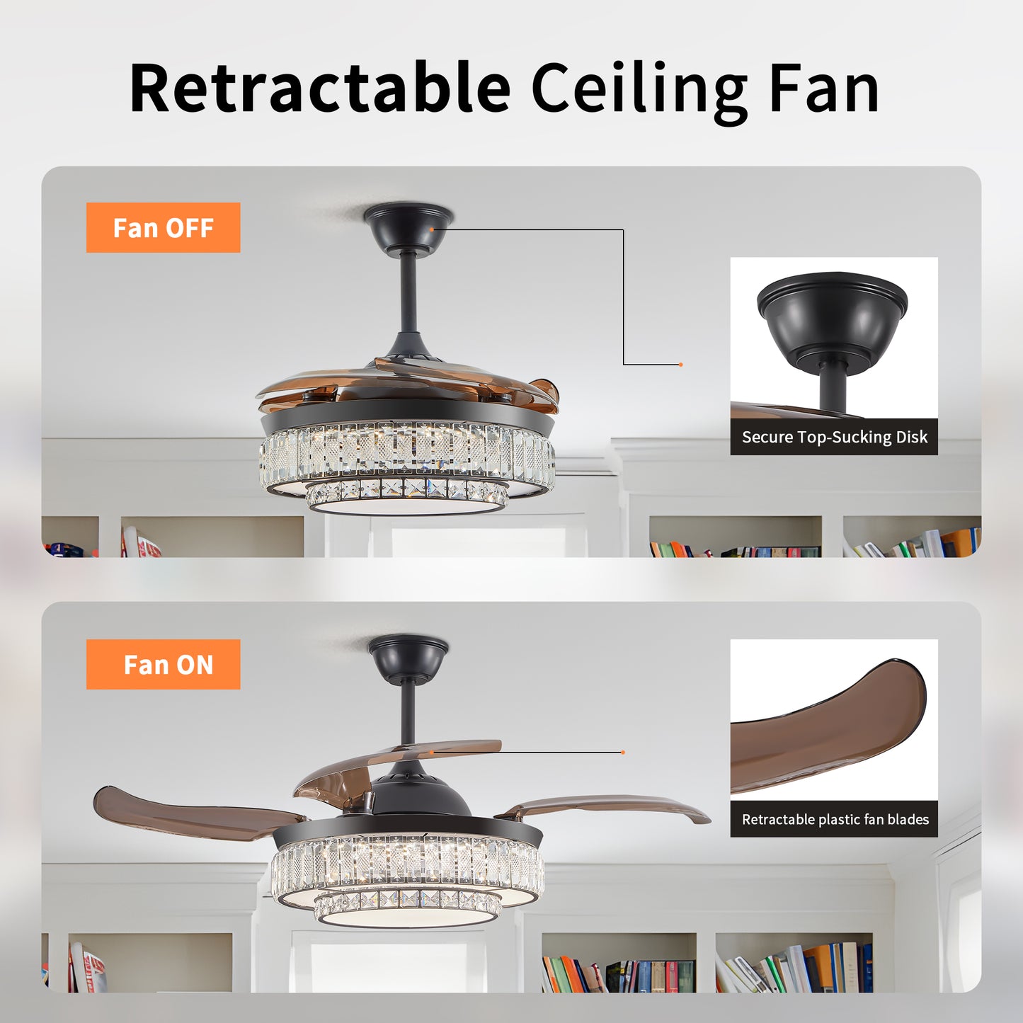 Retractable ceiling fan with crystal accents and brown plastic blades fan off