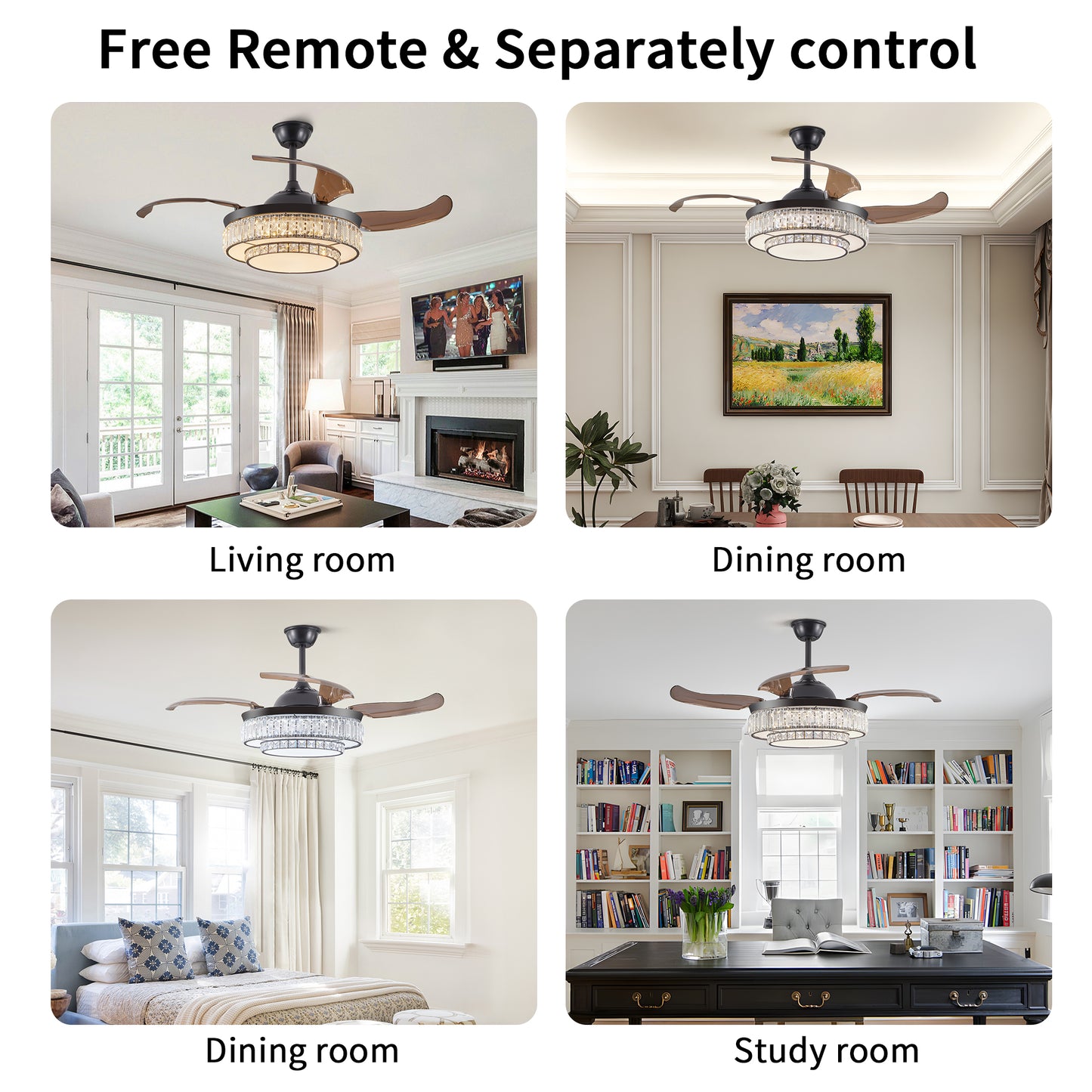 Black retractable ceiling fan with crystal chandelier lighting in a modern living room