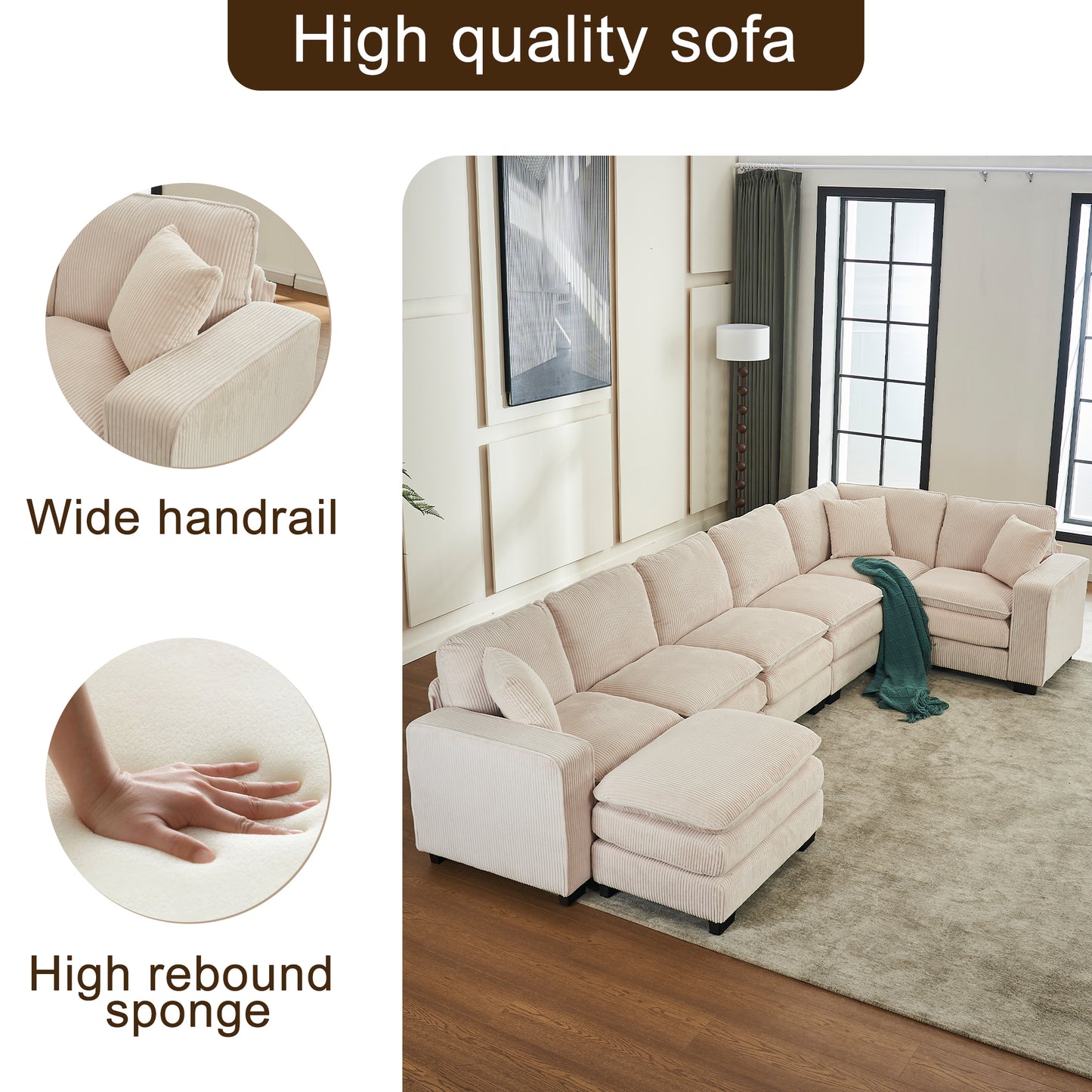 Sectional sofa with wide corduroy arms and plush cushions in a neutral tone