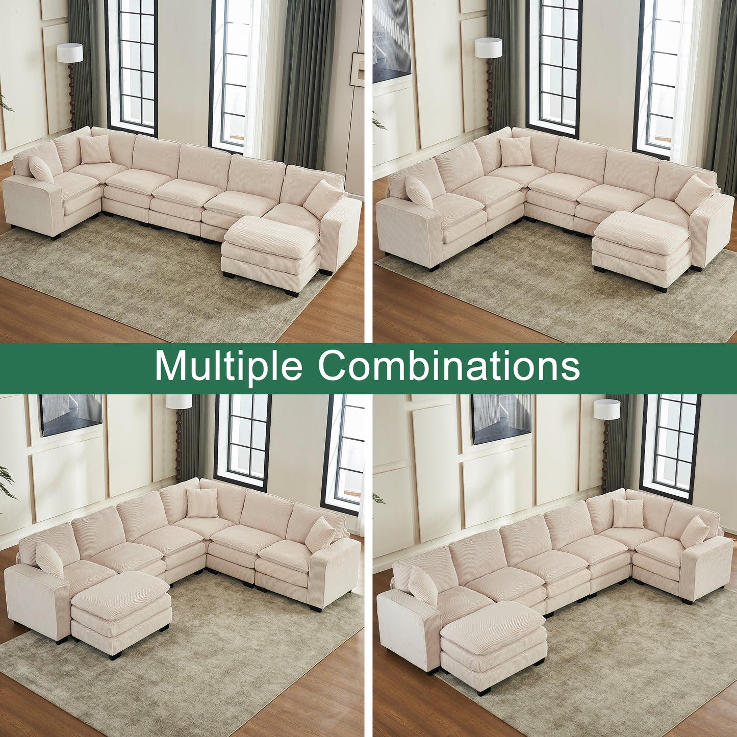 Cream corduroy sectional sofa with multiple configurations and ottomans