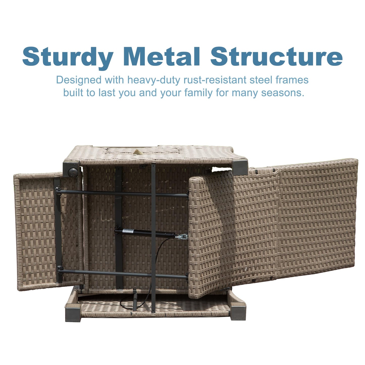 Tan wicker storage bench with a sturdy metal frame designed for outdoor patio use