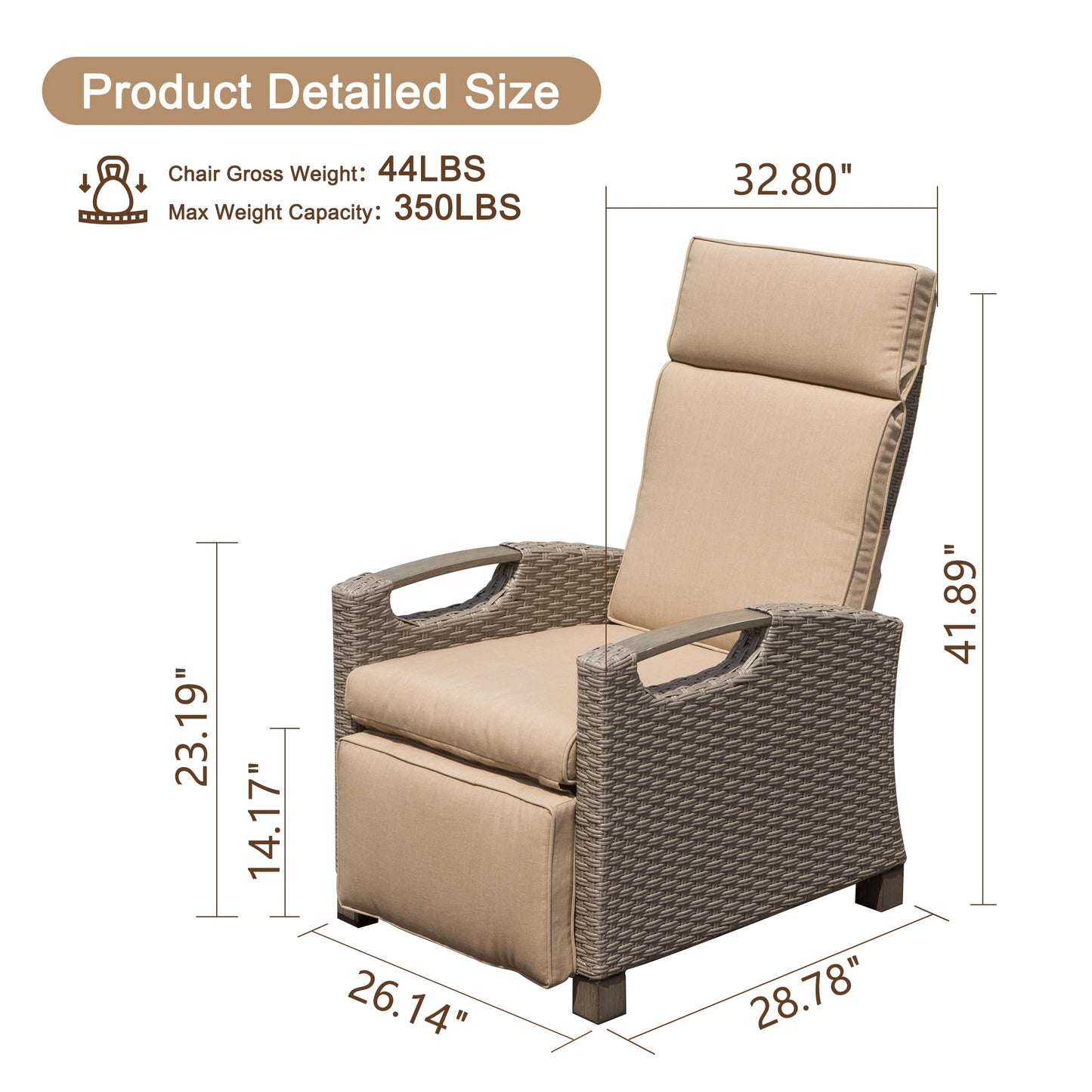 Beige wicker recliner chair with plush cushions and wooden armrests Ideal for patio relaxation