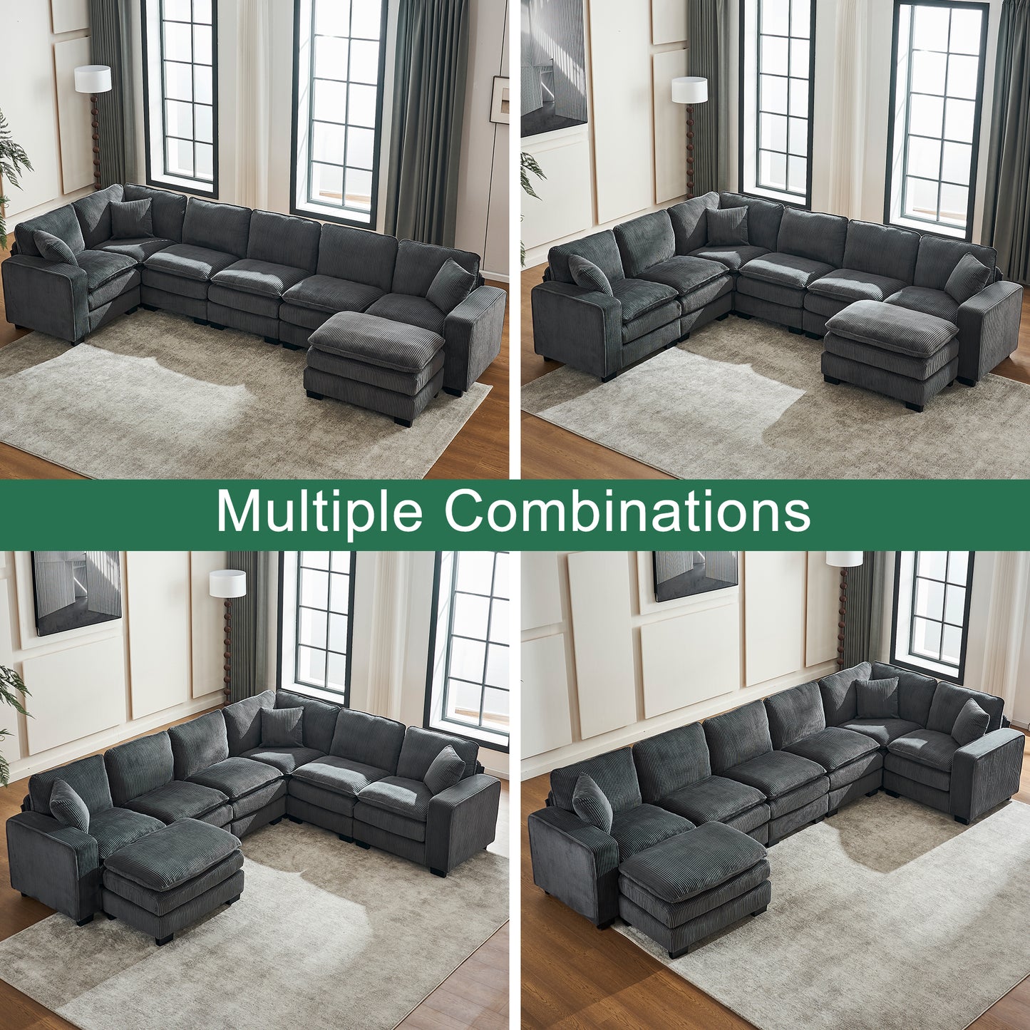 Dark gray corduroy sectional sofa with multiple configurations including an ottoman