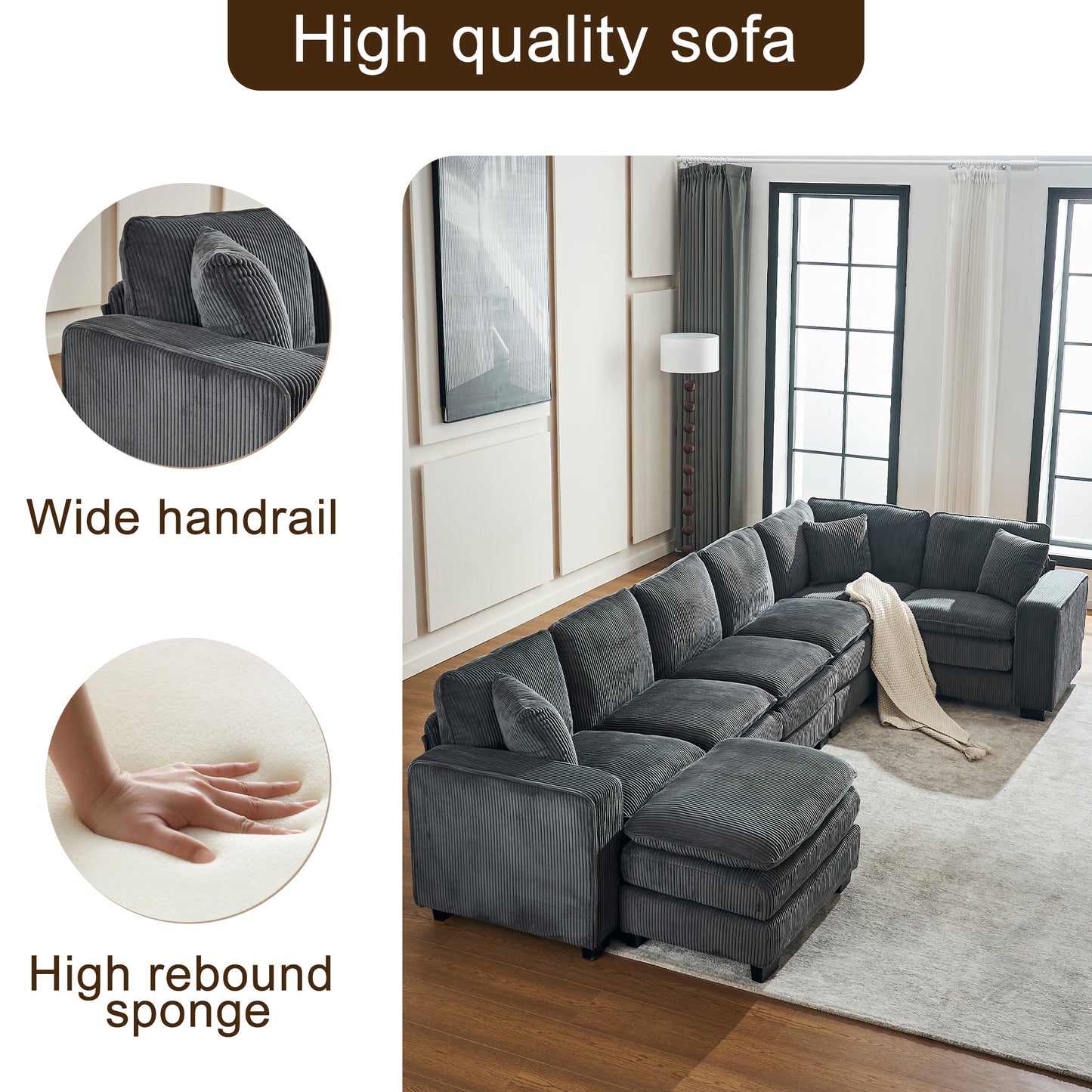 Dark gray corduroy sectional sofa with wide armrests and plush cushions