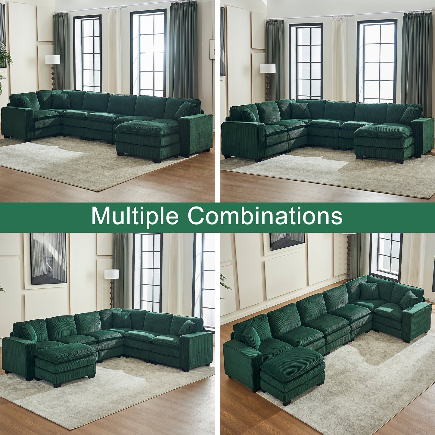 Deep green corduroy sectional sofa with plush cushions and matching ottoman perfect for living rooms
