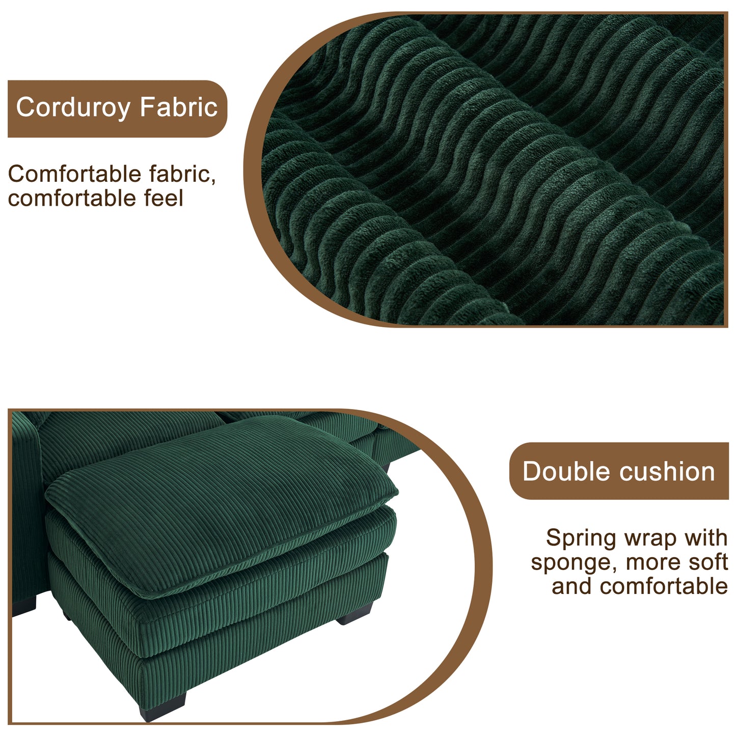 Closeup of plush dark green corduroy fabric with distinct raised ridges
