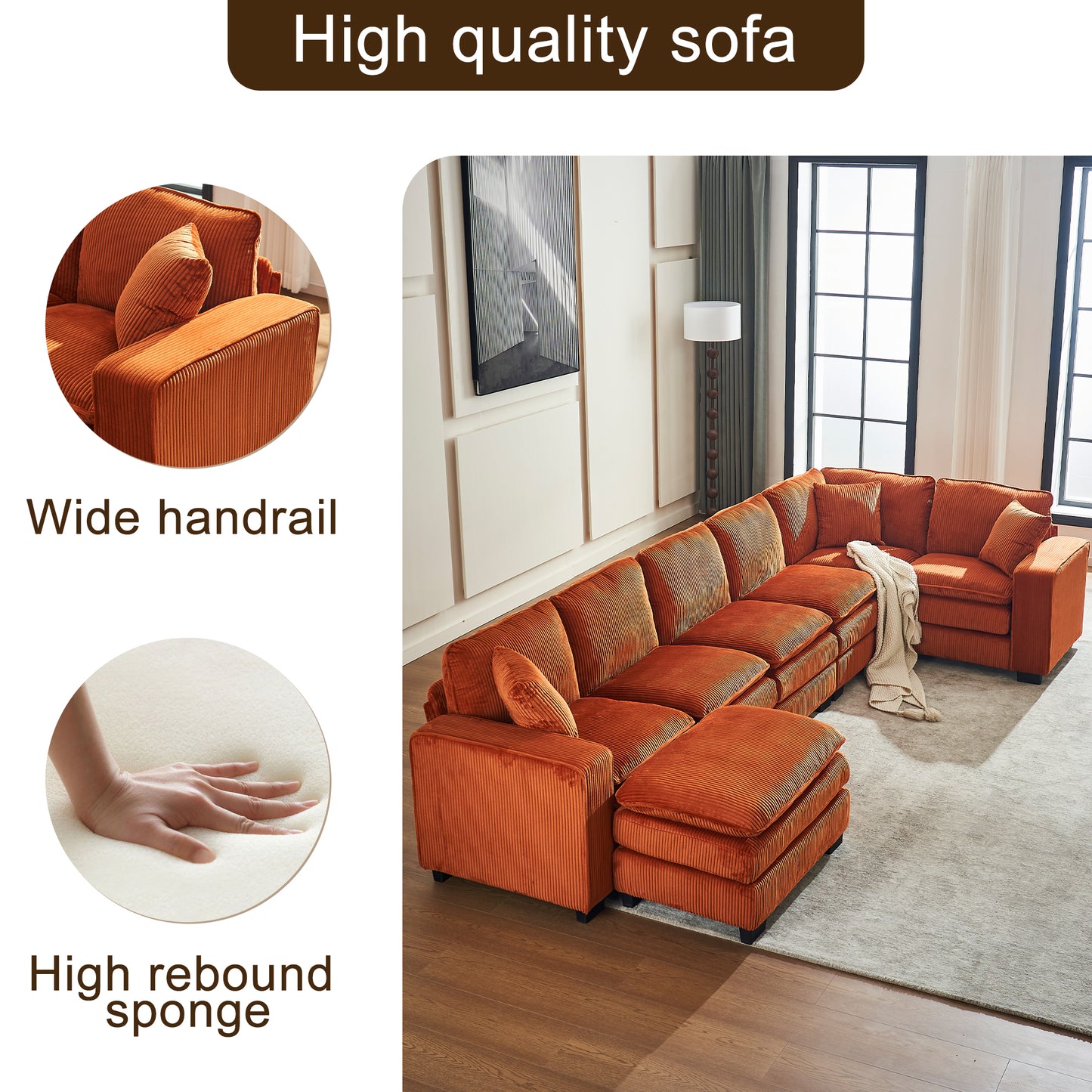 Spacious orange corduroy sectional sofa with wide armrests perfect for modern living rooms
