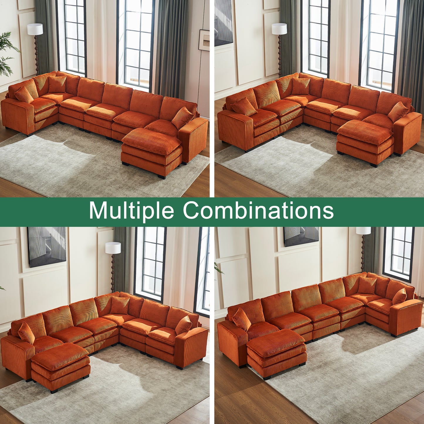 Orange corduroy sectional sofa with multiple configurations perfect for modern living rooms