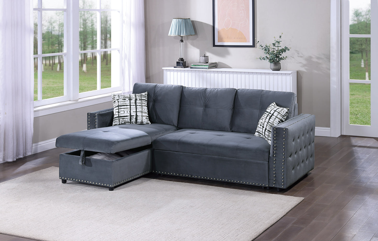 Dark gray velvet sectional sofa with storage chaise and nailhead trim accents