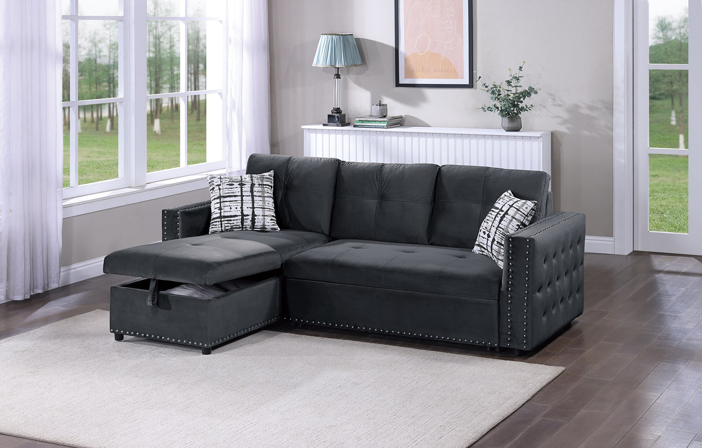 Dark grey velvet sectional sofa with storage chaise and decorative nailhead trim