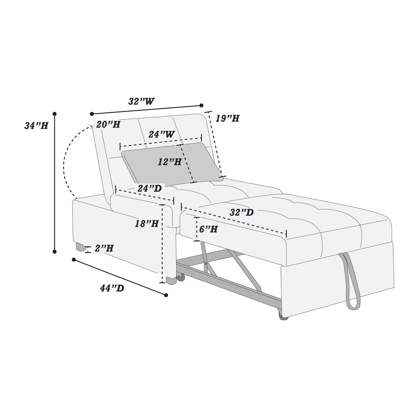 Sofa bed dimensions diagram W D H overall H backrest H seat height
