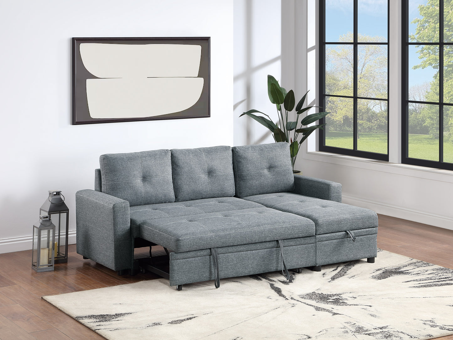 Gray fabric sectional sofa bed with pullout mattress and storage chaise for modern living room