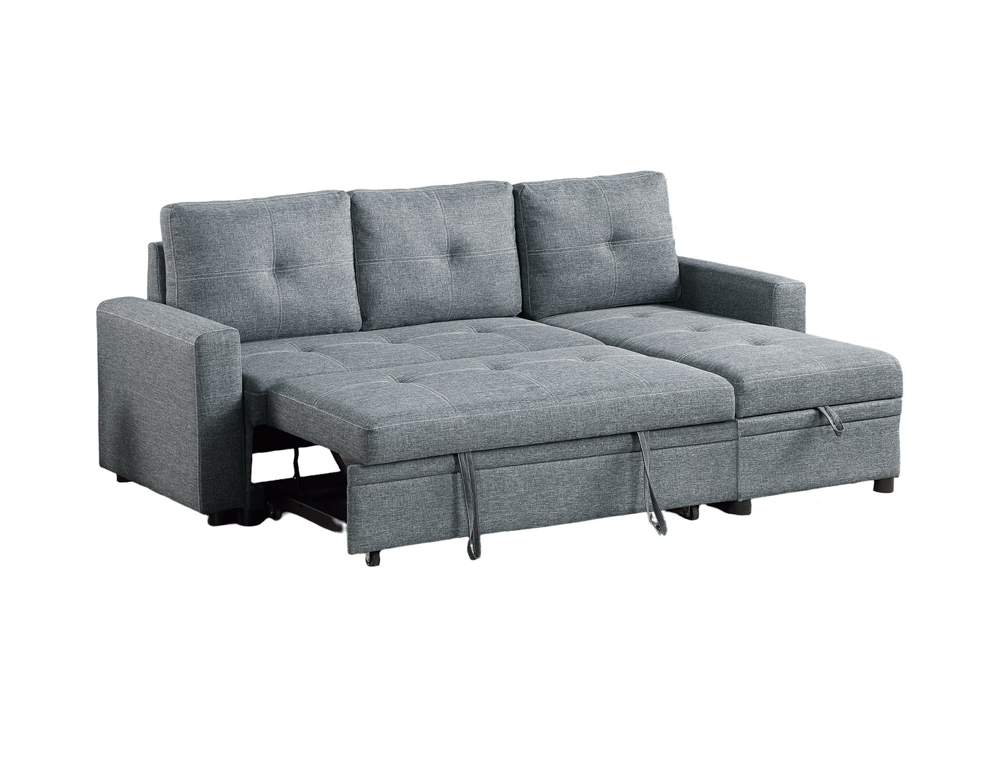Tufted grey fabric sofa bed with pullout mattress and hidden storage compartment