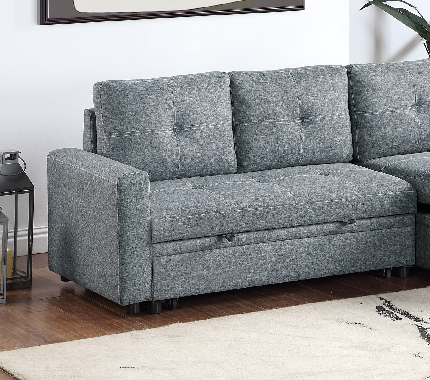 Tufted grey fabric sofa with pullout storage for living room comfort