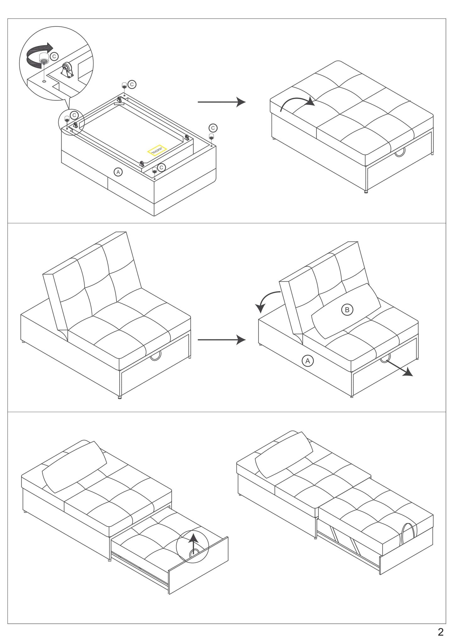 Diagram shows attaching leg hardware C to a sectional sofa base for assembly