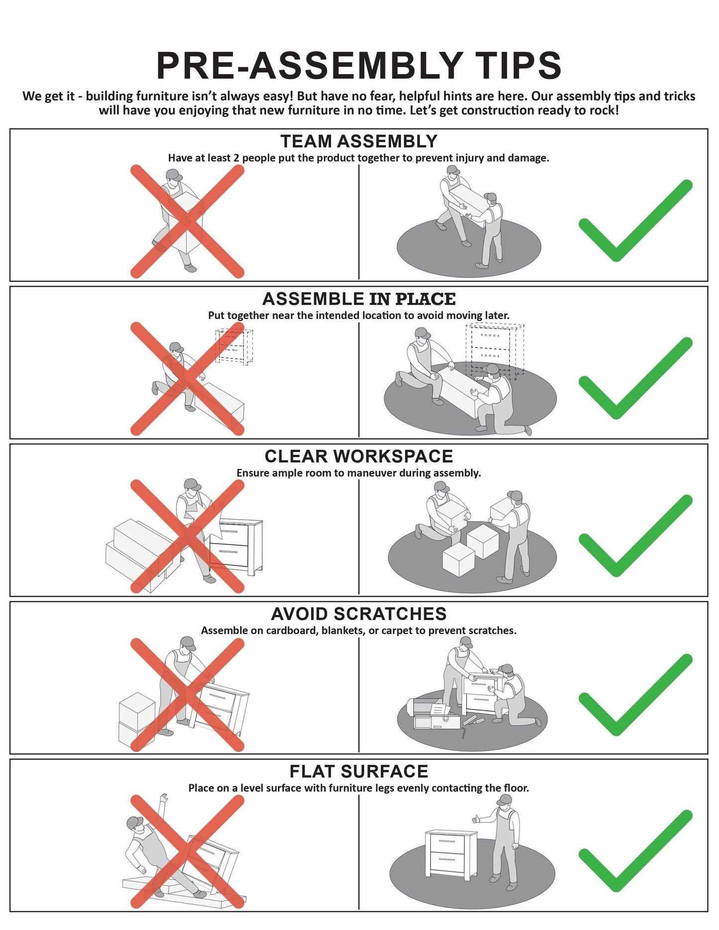 Illustration of two people assembling furniture to prevent injury and damage