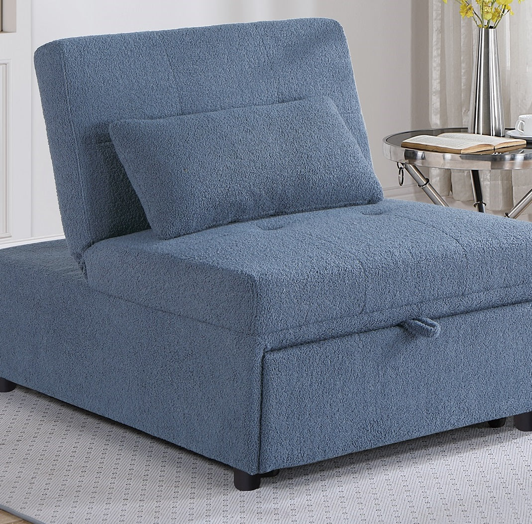 Blue fabric convertible chair with storage ideal for small spaces and guest rooms
