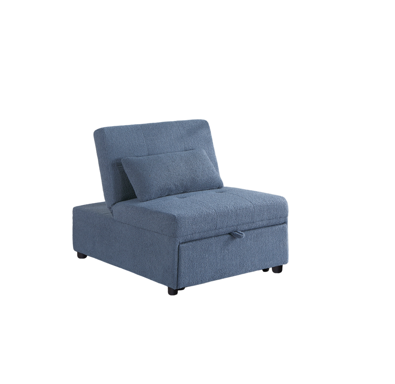 Blue upholstered accent chair with hidden storage compartment and accent pillow