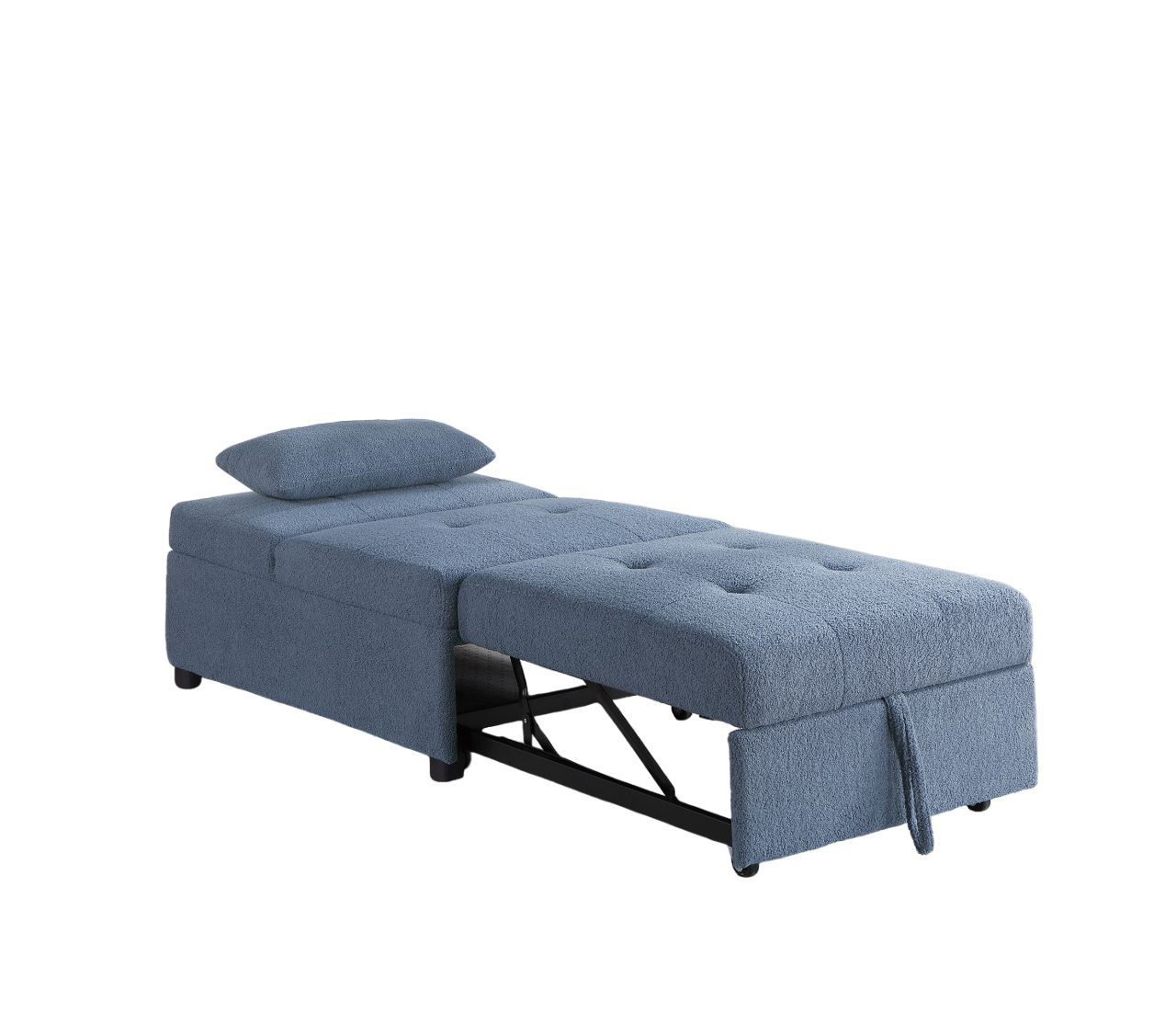 Blue upholstered sofa bed in reclined position with tufted cushions and a throw pillow