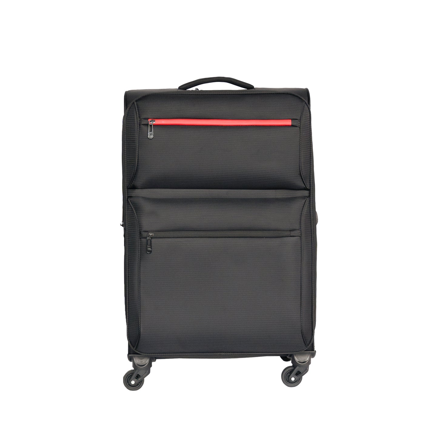 Black spinner luggage with a bright red accent zipper ideal for travel