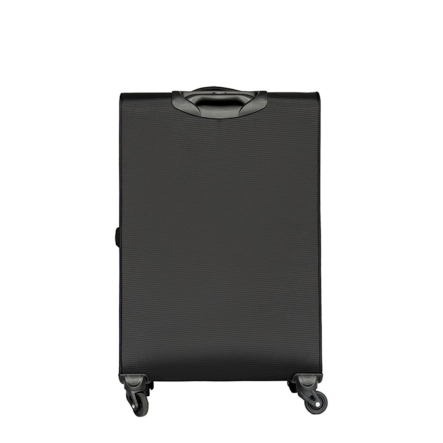 Durable black fabric suitcase with smoothrolling wheels and retractable handle for easy travel